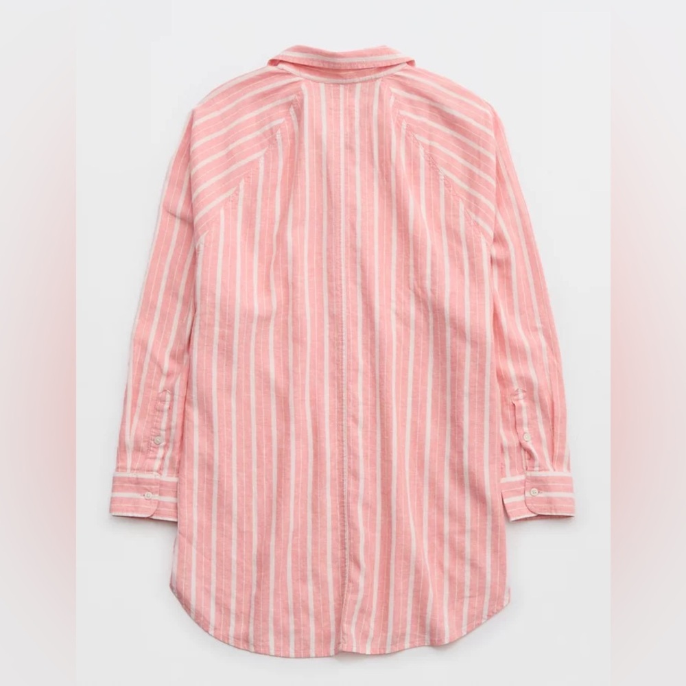 Aerie Linen Blend Coverup Shirt Pink and White Stripe Button Down - Picture 6 of 10